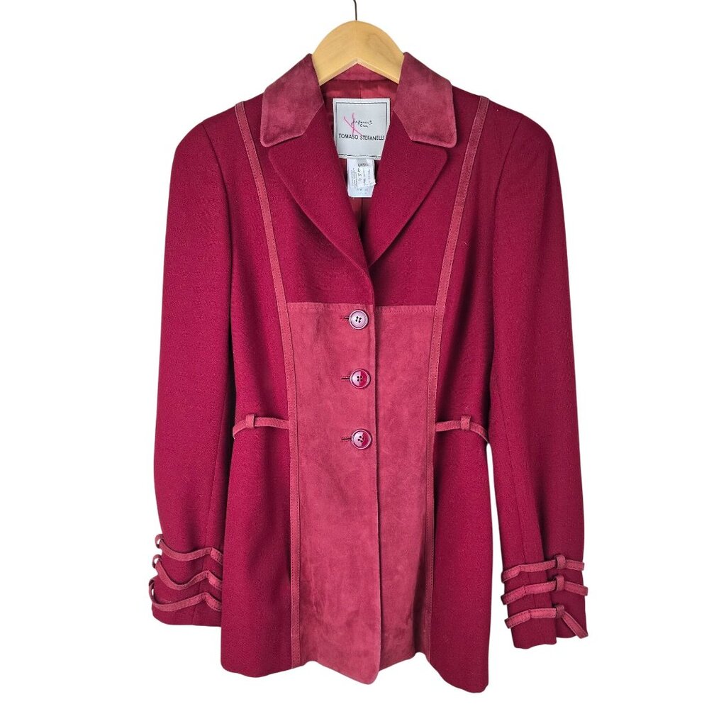 Vintage Tomaso Stefanelli Burgundy Wool & Suede Trim Blazer Jacket With Button C